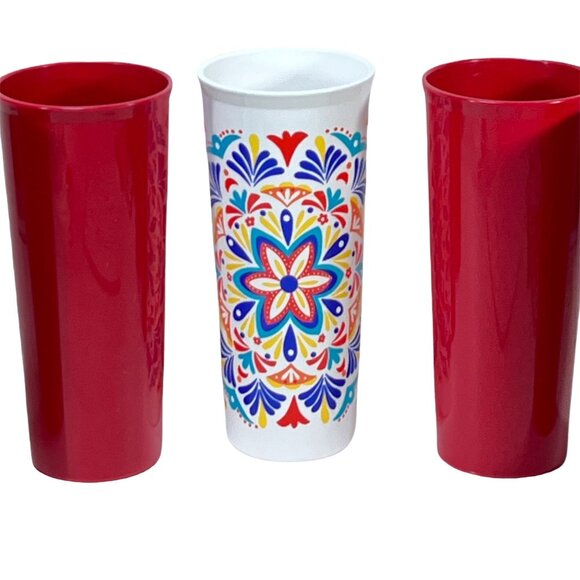 Tupperware 5-Piece 16 Oz Tumbler Set With Colorful Pattern & Red Plastic Cups - Picture 2 of 4